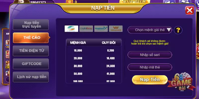 Nạp tiền 68 game bài qua thẻ cào