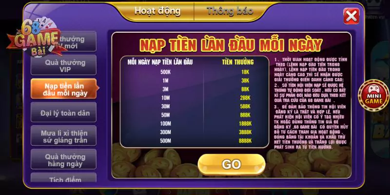 Những ưu đãi khủng khi nạp tiền 68 game bài